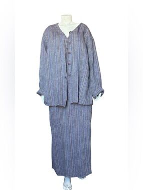 Flax Linen 3 Piece Skirt Set Button Front Jacket Sleeveless Top & Maxi Skirt XL